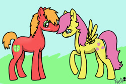 Size: 600x400 | Tagged: safe, artist:narcissistic narwhal, big macintosh, fluttershy, earth pony, pegasus, pony, base used, blushing, colt, fluttermac, male, shipping, stallion, straight, younger