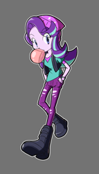 Size: 630x1100 | Tagged: safe, artist:rvceric, starlight glimmer, equestria girls, bubblegum, food, gray background, gum, hands in pockets, looking at you, simple background, solo