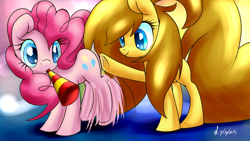 Size: 1280x720 | Tagged: safe, artist:isle-of-forgotten-dreams, pinkie pie, oc, oc:sera, earth pony, pony, noisemaker