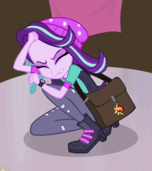 Size: 622x702 | Tagged: safe, screencap, starlight glimmer, equestria girls, mirror magic, spoiler:eqg specials, animated, beanie, clothes, cropped, female, gif, hat, mirror, nervous, scared, shoulder bag, solo, talking