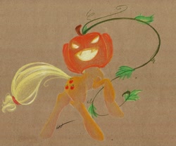 Size: 984x820 | Tagged: safe, artist:getchanoodlewet, applejack, earth pony, pony, costume, halloween, holiday, jack-o-lantern, pumpkin, rearing, solo, traditional art