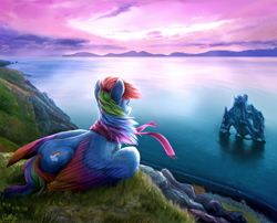 Size: 4600x3713 | Tagged: safe, artist:gaelledragons, derpibooru import, rainbow dash, pegasus, pony, beautiful, cliff, clothes, cloud, cloudy, coast, colored wings, colored wingtips, detailed, ear fluff, facing away, featured on derpibooru, female, gradient wings, grass, iceland, looking at something, mare, mountain, mountain range, multicolored wings, ocean, prone, rear view, scarf, scenery, scenery porn, sky, solo, windswept mane, wing fluff, wings