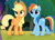 Size: 1009x720 | Tagged: safe, derpibooru import, screencap, applejack, rainbow dash, earth pony, pegasus, pony, non-compete clause, cowboy hat, cropped, cute, dashabetes, duo focus, female, hat, jackabetes, mare, offscreen character, smiling