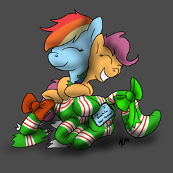 Size: 4000x4000 | Tagged: safe, artist:dombrus, derpibooru import, rainbow dash, scootaloo, pegasus, pony, gift wrapped, hug, wrapping paper