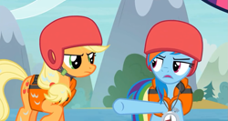 Size: 999x532 | Tagged: safe, derpibooru import, screencap, applejack, rainbow dash, earth pony, pegasus, pony, non-compete clause, season 8, spoiler:s08, cropped, female, helmet, lifejacket, mare, wet, wet mane