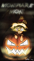 Size: 2160x3840 | Tagged: safe, artist:neko-me, applejack, earth pony, pony, cute, dark, fangs, featured on derpibooru, glow, glowing eyes, grin, happy, jack-o-lantern, jackabetes, looking at you, nightmare night, slit eyes, smiling, solo