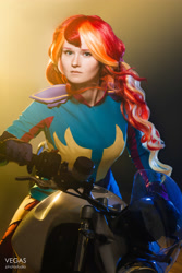 Size: 2667x4000 | Tagged: safe, artist:sunny-tooi, photographer:duginpv, sunset shimmer, human, equestria girls, friendship games, clothes, cosplay, costume, female, irl, irl human, motorcross, motorcycle, photo, solo