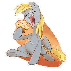 Size: 850x850 | Tagged: safe, artist:seanica, derpy hooves, pegasus, pony, eyes closed, female, mare, muffin, open mouth, sitting, solo, that pony sure does love muffins