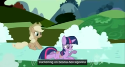 Size: 574x309 | Tagged: safe, screencap, applejack, twilight sparkle, earth pony, pony, the return of harmony, bosnia and herzegovina, bubble, discorded, hub logo, meme, soap, water, youtube caption