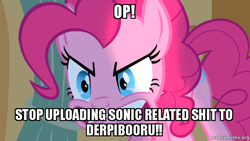 Size: 800x450 | Tagged: safe, edit, edited screencap, screencap, pinkie pie, earth pony, pony, caption, crossover, drama, drama bait, meme, op is a cuck, op is trying to start shit, rage, solo, sonic drama, sonic the hedgehog, sonic the hedgehog (series), stupidity, telling lies, vulgar