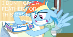 Size: 761x390 | Tagged: safe, derpibooru import, edit, edited screencap, screencap, rainbow dash, pegasus, pony, read it and weep, battlecloud, bed, board game, floppy ears, gritted teeth, hospital bed, hospital gown, meme, solo