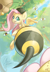 Size: 827x1200 | Tagged: safe, artist:chingilin, fluttershy, bee, insect, pegasus, pony, it ain't easy being breezies, animal costume, bee costume, clothes, costume, female, flutterbee, flutterbutt, flying, foreshortening, mare, open mouth, solo