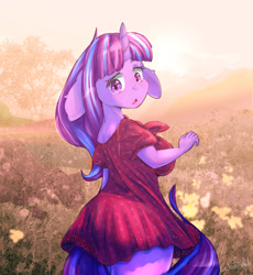 Size: 1914x2084 | Tagged: safe, artist:woofmaple, starlight glimmer, anthro, unicorn, clothes, dress, flower, grass, looking at you, looking back, meadow, solo, tree