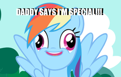 Size: 1350x853 | Tagged: safe, derpibooru import, rainbow dash, pegasus, pony, derp, meme, mental regression, retarded, special face