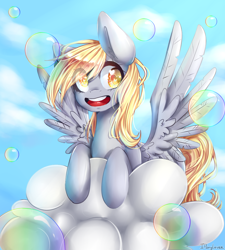 Size: 800x888 | Tagged: safe, artist:iponylover, derpy hooves, pegasus, pony, bubble, cloud, cloudy, female, heart eyes, iridescence, mare, open mouth, sky, solo, spread wings, wingding eyes