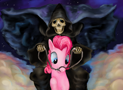 Size: 750x550 | Tagged: artist needed, safe, pinkie pie, earth pony, pony, binky, binky pie, bit, bridle, cover art, crossover, discworld, female, grim reaper, mare, reins, riding