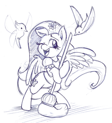 Size: 1090x1200 | Tagged: safe, artist:mickeymonster, fluttershy, bird, pegasus, pony, animal, bipedal, broom, cleaning, clothes, disney, disney princess, monochrome, one eye closed, open mouth, parody, simple background, sketch, smiling, snow white, white background