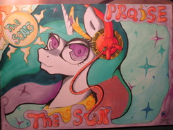 Size: 4608x3456 | Tagged: safe, artist:aerostoner, princess celestia, alicorn, pony, headphones, solo, traditional art