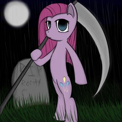 Size: 894x894 | Tagged: safe, artist:minusfour, pinkie pie, rarity, earth pony, pony, unicorn, bipedal, female, grave, gravestone, implied death, mare, pinkamena diane pie, scythe, solo