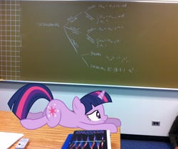 Size: 2300x1936 | Tagged: safe, artist:daweioflife, derpibooru import, twilight sparkle, book, calculus, chalkboard, classroom, math, ponies in real life, solo, table, vector