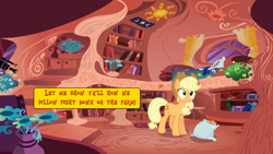 Size: 1280x720 | Tagged: safe, applejack, earth pony, pony, golden oaks library, horse shoes, horseshoes, library, solo