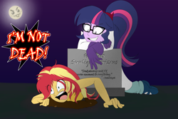 Size: 1905x1270 | Tagged: safe, artist:jase1505, sci-twi, sunset shimmer, twilight sparkle, equestria girls, alternate costumes, clothes, female, grave, halloween, holiday, lab coat, lesbian, scitwishimmer, shipping, sunsetsparkle