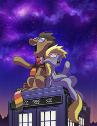 Size: 800x1035 | Tagged: safe, artist:crikeydave, derpy hooves, doctor whooves, pony, doctor who, fourth doctor's scarf, male, stallion, tardis, tom baker's scarf