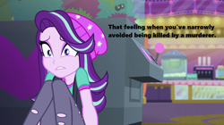 Size: 1280x718 | Tagged: safe, edit, edited screencap, screencap, starlight glimmer, equestria girls, mirror magic, spoiler:eqg specials, arcade, cinema, concession stand, crouching, implied killer, scared, shrunken pupils, solo, text, tfw