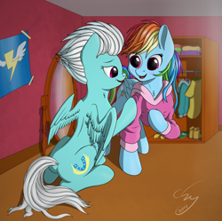 Size: 1916x1907 | Tagged: safe, artist:cluvry, derpibooru import, fleetfoot, rainbow dash, pegasus, pony, closet, clothes, commission, female, fleetdash, gift giving, jacket, lesbian, mirror, shipping, smiling, wonderbolts logo