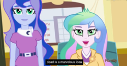 Size: 1600x829 | Tagged: safe, screencap, princess celestia, princess luna, principal celestia, vice principal luna, equestria girls, rainbow rocks, celestia's office, clothes, cutie mark, cutie mark accessory, cutie mark on clothes, discovery family, discovery family logo, green eyes, meme, youtube caption