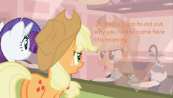 Size: 640x360 | Tagged: safe, screencap, applejack, rarity, earth pony, pony, unicorn, baby cakes, filly, foal, hub logo, self ponidox, text, treasure (character), wat