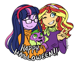 Size: 3227x2615 | Tagged: safe, artist:overlordneon, spike, sunset shimmer, twilight sparkle, twilight sparkle (alicorn), alicorn, dog, equestria girls, clothes, costume, crossover, cute, daphne blake, female, glasses, grin, halloween, holiday, lesbian, looking up, one eye closed, open mouth, peace sign, scooby doo, shipping, simple background, smiling, spike the dog, sunsetsparkle, sweater, tongue out, velma dinkley, white background, wink