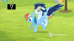 Size: 706x395 | Tagged: safe, derpibooru import, screencap, cloud kicker, dizzy twister, orange swirl, rainbow dash, soarin', spring melody, sprinkle medley, warm front, pegasus, pony, rainbow falls, goggles, hub logo, out of context, tv rating, tv-y