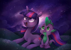 Size: 994x701 | Tagged: safe, artist:tsurime, derpibooru import, spike, twilight sparkle, unicorn twilight, dragon, pony, unicorn, duo, female, male, mare, night, open mouth, prone, sitting, sky, stargazing, starry night, stars