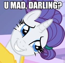 Size: 600x579 | Tagged: safe, rarity, pony, unicorn, female, horn, image macro, mare, meme, solo, u mad