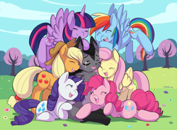 Size: 950x695 | Tagged: safe, artist:ende26, derpibooru import, applejack, fluttershy, pinkie pie, rainbow dash, rarity, twilight sparkle, twilight sparkle (alicorn), oc, alicorn, earth pony, pegasus, pony, unicorn, blushing, crying, eyes closed, female, group hug, happy, hug, mane six, mare, non-mlp oc, non-pony oc, open mouth, smiling