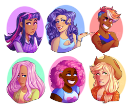 Size: 3500x2951 | Tagged: safe, artist:micky-ann, derpibooru import, applejack, fluttershy, pinkie pie, rainbow dash, rarity, twilight sparkle, human, clothes, cowboy hat, dark skin, diversity, female, hat, humanized, light skin, mane six, moderate dark skin, multicolored hair, simple background, smiling, stetson, transparent background