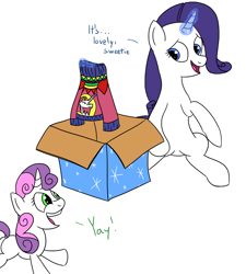 Size: 1200x1333 | Tagged: safe, artist:varemia, rarity, sweetie belle, pony, unicorn, clothes, magic, open mouth, present, sitting, sweater