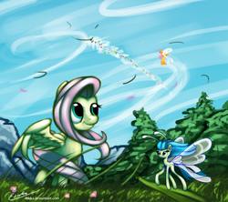Size: 1480x1314 | Tagged: safe, artist:esuka, fluttershy, breezie, pegasus, pony, it ain't easy being breezies, flying, grass, wind, windswept mane