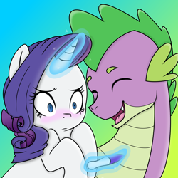Size: 1600x1600 | Tagged: safe, artist:kianamai, artist:xhalesx, color edit, edit, rarity, spike, dragon, pony, unicorn, blushing, colored, eyes closed, female, frown, kilalaverse, magic, male, open mouth, pregnancy test, shipping, smiling, sparity, straight, telekinesis, wide eyes