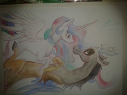 Size: 1280x960 | Tagged: safe, artist:stepandy, discord, princess celestia, alicorn, pony, blushing, dislestia, eye contact, female, male, on back, shipping, smiling, straight, traditional art