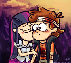 Size: 1265x1119 | Tagged: dead source, safe, artist:cherryviolets, derpibooru import, twilight sparkle, equestria girls, blood, crossover, crossover shipping, diplight, dipper pines, female, gravity falls, humanized, kissing, male, shipping, straight, style emulation