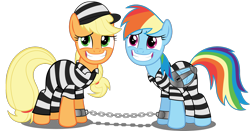 Size: 1720x900 | Tagged: safe, artist:spellboundcanvas, derpibooru import, applejack, rainbow dash, earth pony, pegasus, pony, baseball cap, bound together, bound wings, chains, clothes, forced smile, grin, hat, innocent look, prison, prison outfit, prison stripes, prisoner, prisoner aj, prisoner rd, shackles, simple background, smiling, transparent background, wing cuffs