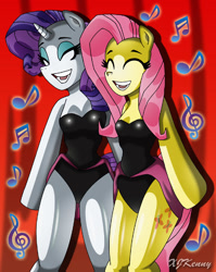 Size: 550x691 | Tagged: safe, artist:xjkenny, fluttershy, rarity, anthro, unguligrade anthro, arm hooves, leotard, singing