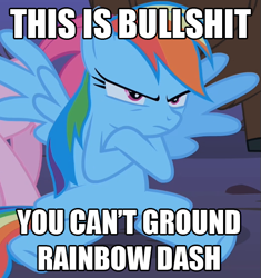 Size: 519x552 | Tagged: safe, derpibooru import, edit, edited screencap, screencap, pinkie pie, rainbow dash, earth pony, pegasus, pony, over a barrel, artifact, cropped, crossed arms, female, image macro, mare, meme, solo focus, vulgar