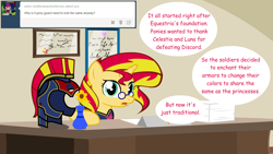 Size: 1280x720 | Tagged: safe, artist:hakunohamikage, sunset shimmer, pony, unicorn, armor, ask, ask-princesssparkle, desk, female, glasses, mare, solo, tumblr