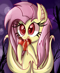 Size: 900x1095 | Tagged: safe, artist:daniel-sg, fluttershy, bat pony, pony, apple, cute, flutterbat, race swap, shyabates, shyabetes, solo