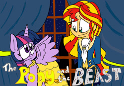 Size: 2305x1593 | Tagged: safe, artist:shonatabeata, sunset shimmer, twilight sparkle, twilight sparkle (alicorn), alicorn, human, equestria girls, alternate costumes, beauty and the beast, crossover, disney, female, lesbian, looking at each other, shipping, sunsetsparkle