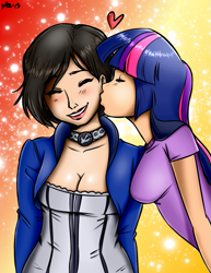 Size: 1011x1309 | Tagged: safe, artist:megasweet, artist:trelwin, derpibooru import, twilight sparkle, human, bioshock infinite, blushing, cleavage, crossover, elizabeth, female, heart, humanized, kissing, lesbian, miyuki sawashiro, smiling, voice actor joke