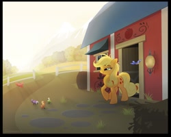 Size: 1280x1024 | Tagged: safe, artist:sherwoodwhisper, applejack, bird, earth pony, pony, animal, barn, bed mane, morning, morning ponies, solo